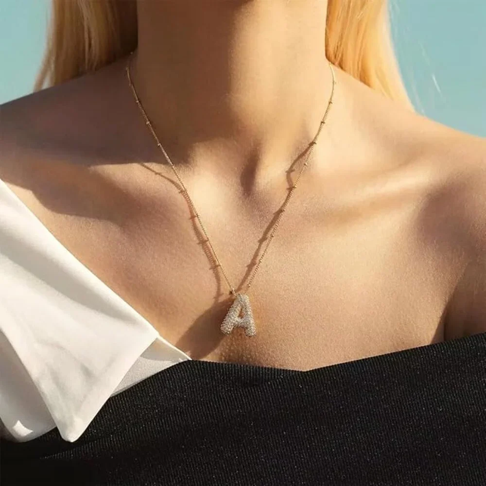 Gold Bubble Letter M Necklace CZ Initial Pendant Gold Tone Layering Necklace